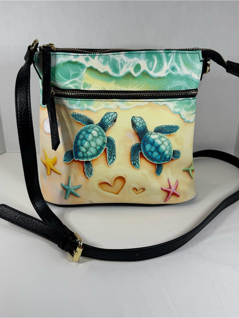 Sea Turtle Crossbody Purse Beach Ocean Faux Leather Multi Pocket Shoulder Bag